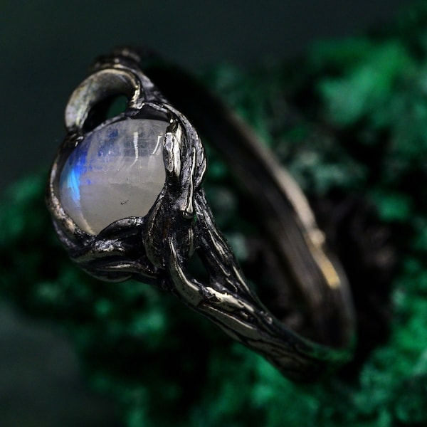 Moonlight Magic: Mystical Black Witch Engagement Ring with Moonstone and Moon Style Leaf Design, Woman Wilderness Ring