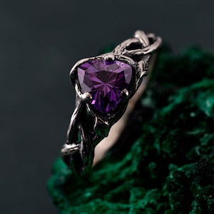 Silver Celtic Amethyst Ring, Nature-Inspired Twig and Leaf Design, Romantic Engagement & Anniversary Jewelry