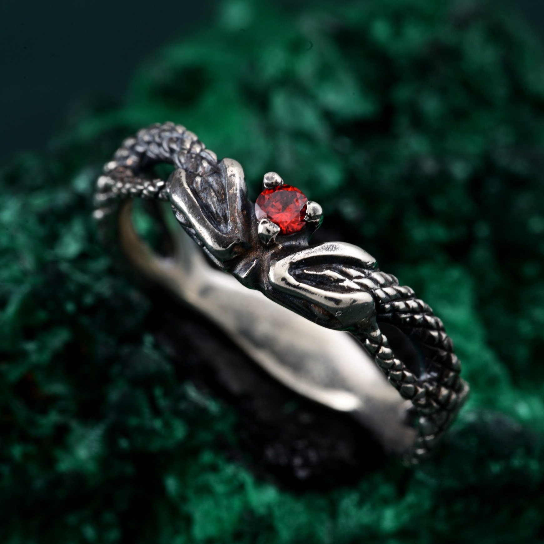 Twin Snakes Emerald Ring, Unique Boho Serpent Engagement, Celtic