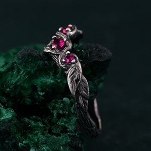 Enchanted Forest Silver Ring Set, Elven Women's Band, Whimsical Leaf Design, Ruby Gemstone Wedding Stack, Nature-Inspired Bridal Jewelry image 2