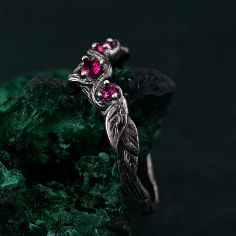 Enchanted Forest Silver Ring Set, Elven Women's Band, Whimsical Leaf Design, Ruby Gemstone Wedding Stack, Nature-Inspired Bridal Jewelry image 2