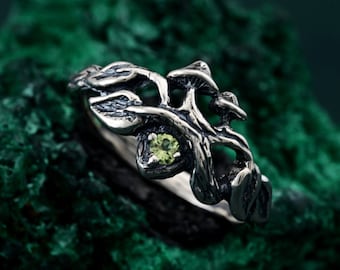 Sterling Silver Peridot Mushroom Ring, Organic Nature Jewelry