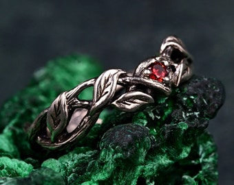 Men&#39;s Garnet Wedding Band, Nature-Inspired Sterling Silver, Triquetra Twig Motif, Silver Vine Leaf Promise Ring