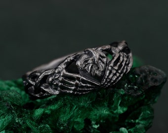 Ring with Heart in Hands, Silver Ring of Heart Embrace, Silver Ring of Eternal Love, Ring of Eternal Love: Depiction of Loving Hands