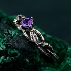 Ring Silver Twig, Leafy Branch with Amethyst, Unique Nature-inspired Jewelry for Christmas