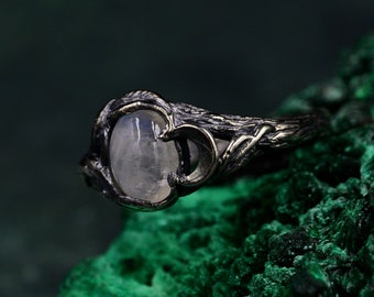 Moon Phase Silver Ring, Nature Inspired Twig Engagement