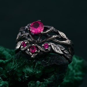 Enchanted Forest Silver Ring Set, Elven Women's Band, Whimsical Leaf Design, Ruby Gemstone Wedding Stack, Nature-Inspired Bridal Jewelry