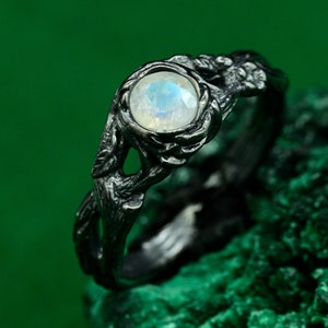 Moonstone Forest Branch Ring, Unique Woodsy Texture, Man&#39;s Silver Vine Ring, Forest Inspired Wedding Band