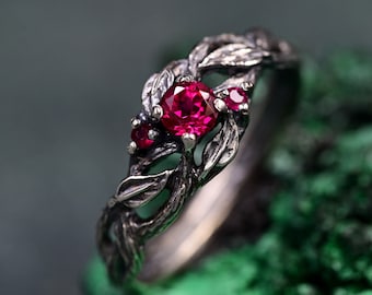 Oxidized Sterling Silver Leaf Ring, Ruby Tree of Life Band