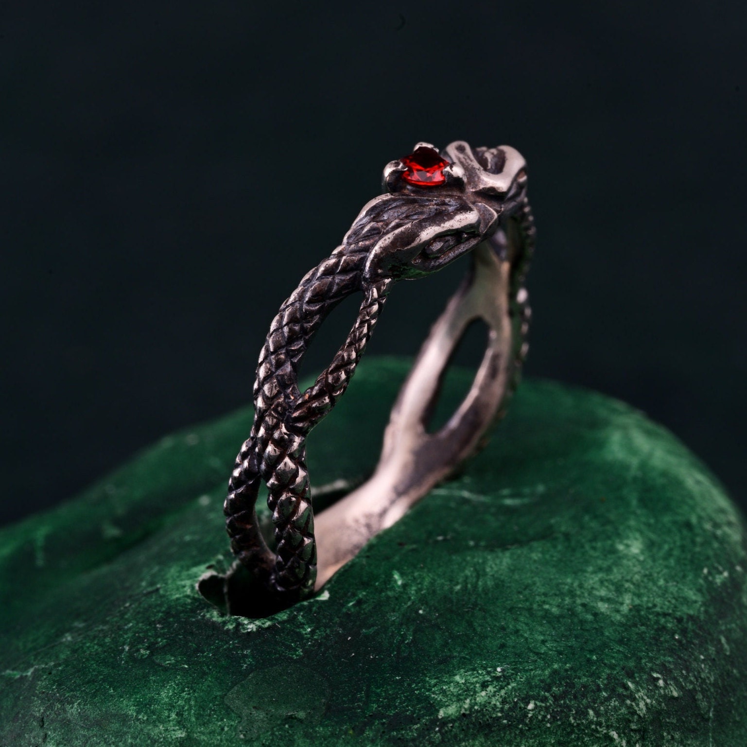 Twin Snakes Emerald Ring, Unique Boho Serpent Engagement, Celtic