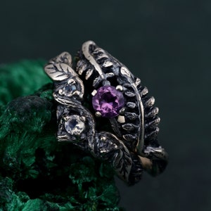 Mystical Amethyst Tree Ring, Enchanted Forest Silver Band, Handcrafted Leafy Design, Nature-Inspired Jewelry, Magical Engagement Ring