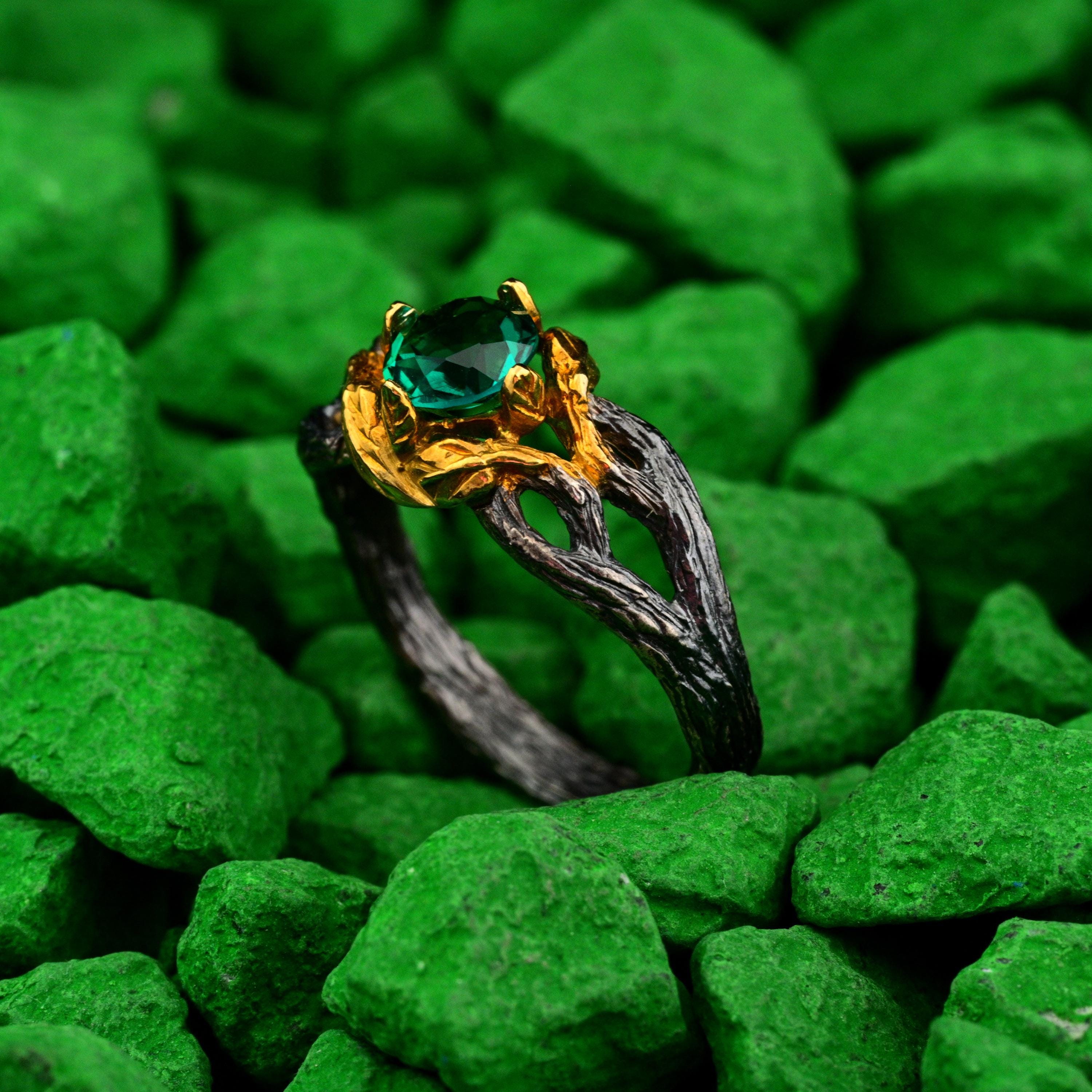 Forest Ring With Emerald, Ring of Natural Beauty in Sterling