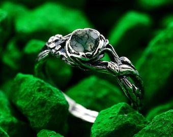 Fairy Moss Agate Ring – Silver Tree Branch Nature-Inspired Jewelry