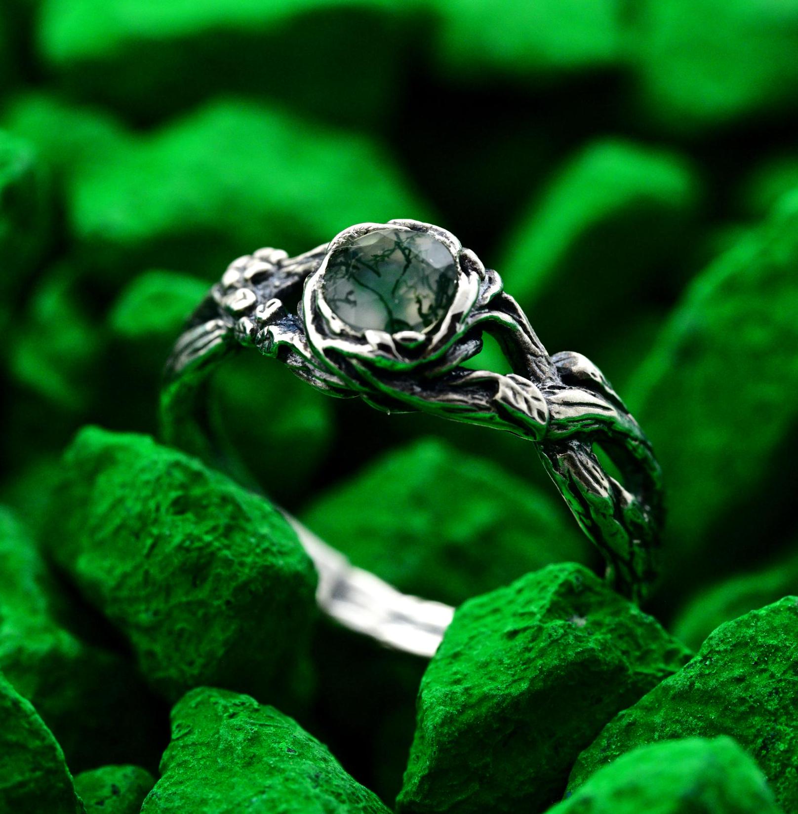 Fairy Moss Agate Ring – Silver Tree Branch Nature-Inspired Jewelry