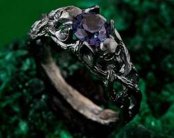 Artisan Silver Skull Engagement Ring - Bohemian Branch Design, Mystical Wedding Band, Statement Skull Ring for Her
