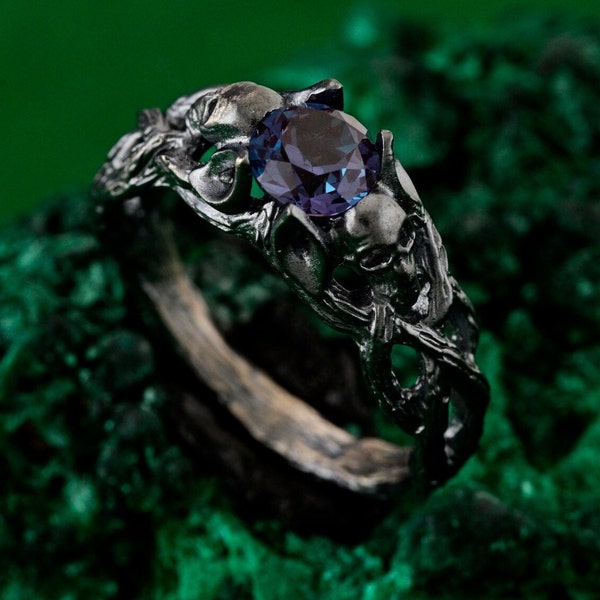 Artisan Silver Skull Engagement Ring - Bohemian Branch Design, Mystical Wedding Band, Statement Skull Ring for Her