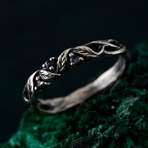 London Blue Topaz Silver Ring | Forest Fairy Vine & Willow Leaf Design | Nature-Inspired Elegance for Her