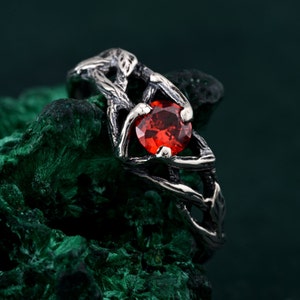 Unique Ring for Women&#39;s Engagement, Silver nature ring, Unique gift for her, Garnet Nature-Inspired Branch Ring