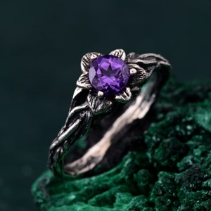 Whimsical Amethyst Twig Ring - Nature-Inspired Jewelry, Enchanted Forest Style