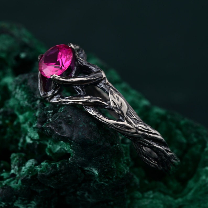 Enchanted Forest Silver Ring Set, Elven Women's Band, Whimsical Leaf Design, Ruby Gemstone Wedding Stack, Nature-Inspired Bridal Jewelry image 9