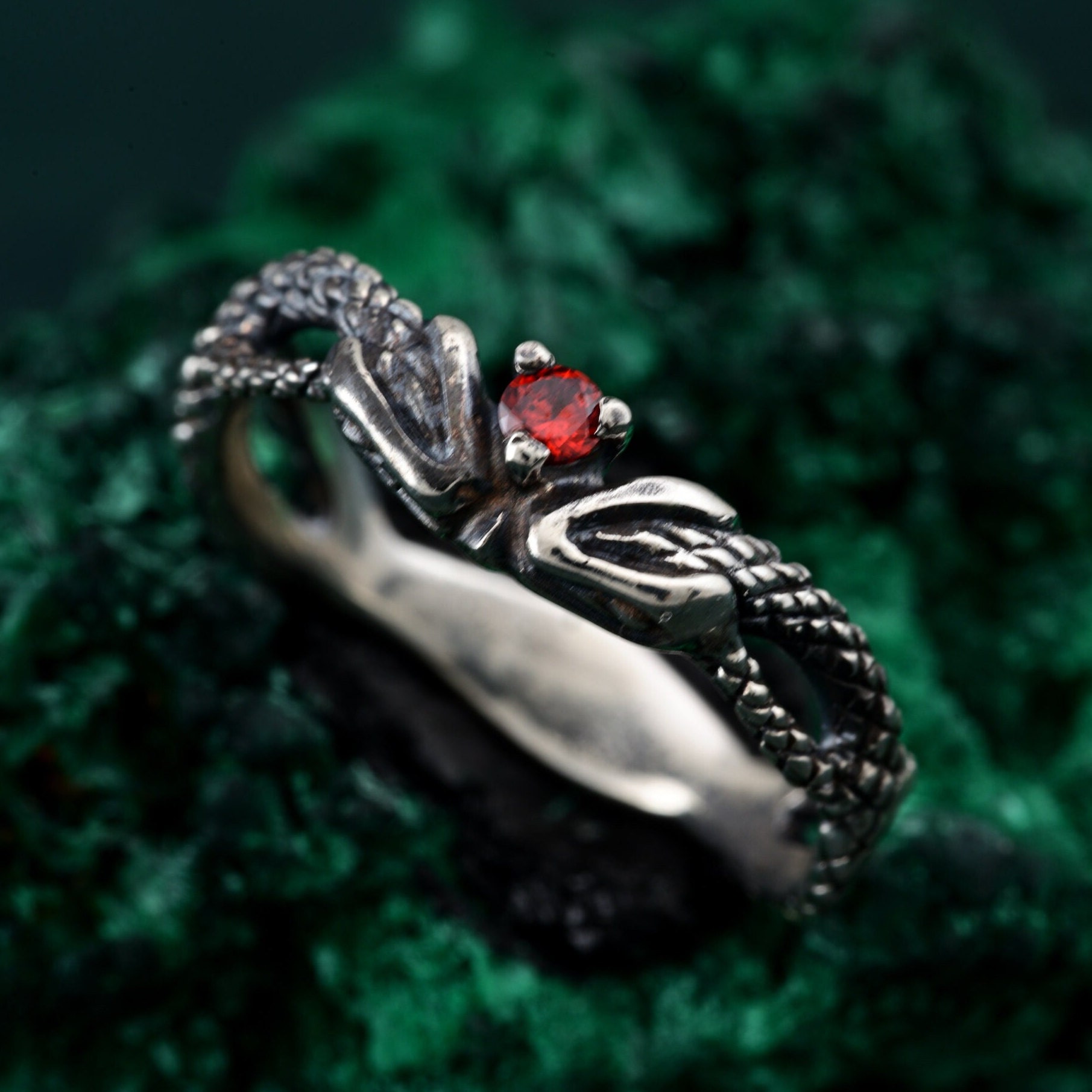 Twin Snakes Emerald Ring, Unique Boho Serpent Engagement, Celtic Dragon Snake Ring, Fairycore Silver Wedding Band" "Druid Forest Animal Ring