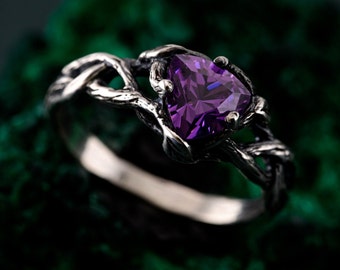 Unique Amethyst Silver Ring - Twisted Branch Design, Nature-Inspired, Handcrafted Elegant Jewelry for Her