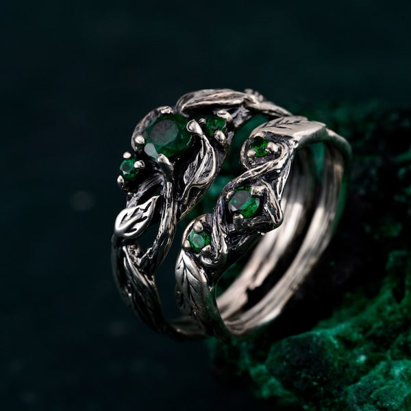Enchanted Woodland Sterling Silver Ring Set, Celtic Elven Wedding Bands, Nature-Inspired Leaf Design, Mystical Fairy Bridal Jewelry