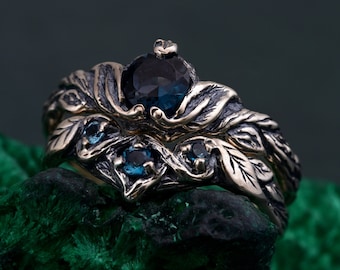 Conjunto de anillos de plata élfica con topacio azul londinense, anillos apilables del bosque encantado, diseño de hoja de ramita, conjunto nupcial inspirado en la naturaleza, anillos místicos