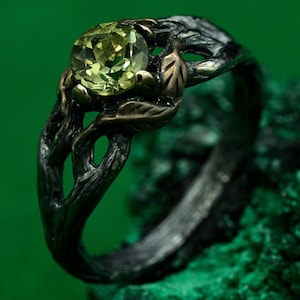 Mystical Forest Ring, Forest Ring with Peridot, Ring of Natural Beauty, Ring with Branch and Blossom, Leafy Engagement Ring