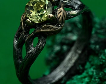 Mystischer Wald Ring, Waldring mit Peridot, Ring der natürlichen Schönheit, Ring mit Zweig und Blüte, blättriger Verlobungsring