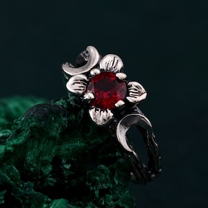 Mystischer Rubin Mondring, Mond Göttin Ring, Mond Göttin Ring, Verlobungsring, Silber Mond Ring, Verlobungsring