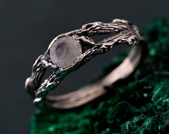 Silverwood Moonstone Ring - Sylvan Branch Band, Woodland Silver Wrap, Nature-Inspired Jewelry