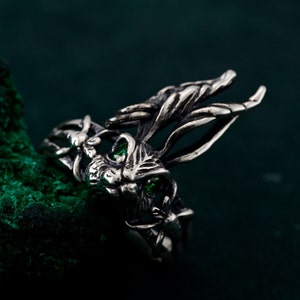Ring Enchanted Forest Bunny - sterlingzilver met smaragdgroene ogen - grillige bossieraden