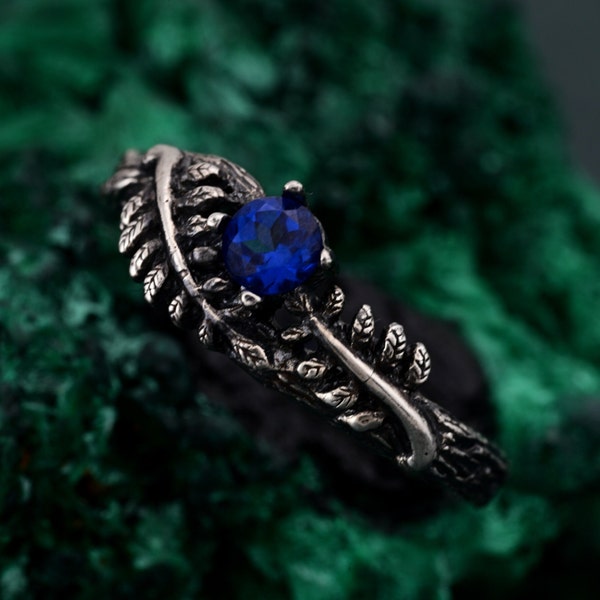 Sapphire Fern Branchlet Ring, Whispering Fern Ring, Twig and Fern Ring, Woodland Fern Band, Graceful Frond Ring