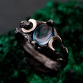 Silver Moon Phase Ring with Blue Gemstone | Branch Design Enchanted Forest Jewelry | Bohemian Celestial Wedding Band