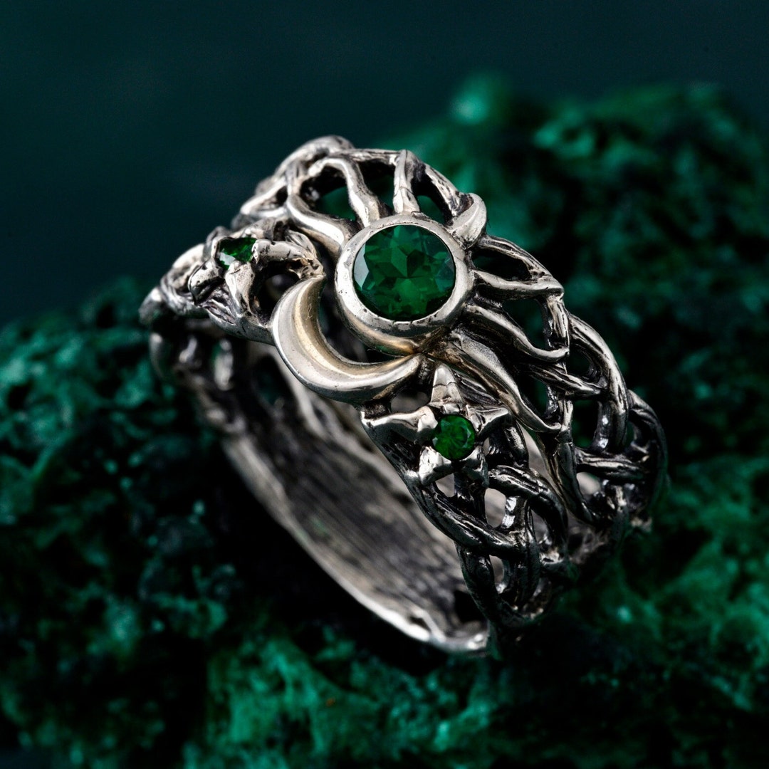 Sun and Moon Emerald Ring Set Silver Celestial Couple Bands, Nature ...