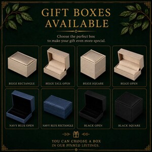May include: An image showcasing various gift boxes in beige, navy blue, and black. The boxes are rectangular, square, and open, with options for different shapes and sizes. Text on the image reads "GIFT BOXES AVAILABLE" and "Choose the perfect box to make your gift even more special."