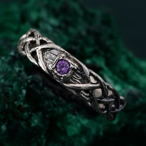Viking Silver Celtic Ring, Wood Accented Men&#39;s Engagement, Braided Silver Tree Ring, Leaf Design Masculine Promise Band