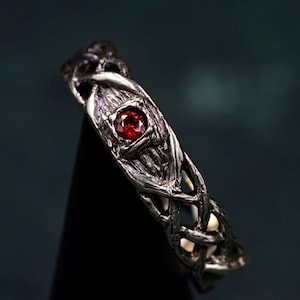 Celtic Pattern Garnet Wedding Band with Tree Bark, Wide Celtic Wedding Ring, Vintage Style Tree Garnet Ring, Men and Women Wedding Band