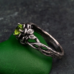 Silver Twisted Vine Engagement Ring - Peridot Lotus Design, Romantic Forest-Inspired Jewelry for Her