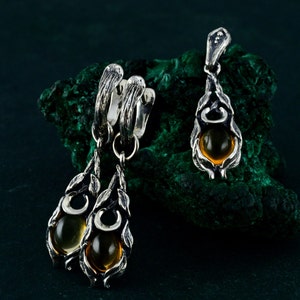 Silver Citrine Earrings and Pendant Set, Handmade Sterling Silver Jewelry, Unique Citrine Dangle Earrings, Citrine Pendant Necklace