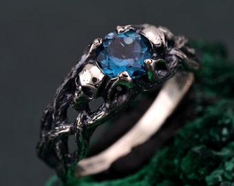 Gothic London Blue Topaz Engagement Ring, Men&#39;s Skull Band, Enchanted Forest Wedding Ring, Vintage Style Silver Jewelry