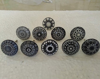 10 black & white ceramic knobs door knob cupboard pulls kitchen drawer puller pull