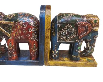 Ethnic Big 9" Wooden Book-Ends, Elephant Book Ends, Wooden Carving , Office decor, Study Room Decor, Boho, Animal Statue, Handmade product