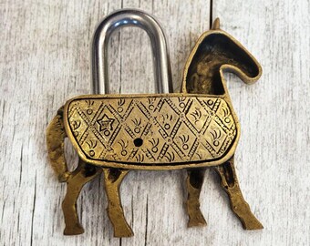 真鍮製の馬の南京錠（鍵2個付き）、動物機能南京錠、アンティーク錠