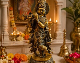 Krishna statue, 34 CM Brass Krishna Statue,  Krishna Idol, Lord Krishna Ji for Temple, home Decor, Corner, pooja, Gifts .47