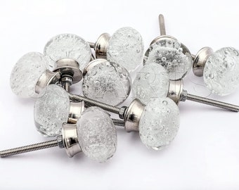 Clear Crystal Bubbles Round Glass Dresser Drawer, Door, Cabinet Knob Brushed Nickel Hardware - - Pack of 12