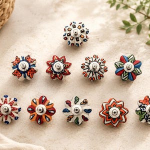 10 pomos de cajón multicolores originales de Marrakech, pomos de armario de cerámica con mosaico y herrajes cromados.