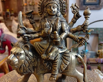 DURGA MAA Idol, 20 CM Durga Statue in Brass, Durga Idol Sitting on lion,  Temple Murti Hindu Goddess of protection, Strength.31