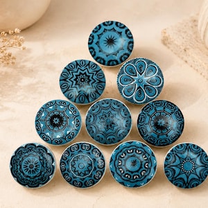 10 st Aqua Green keramiska handmålade skåpknoppar dörrknopp skåphandtag kökslådhandtag mandala design möbelbeslag